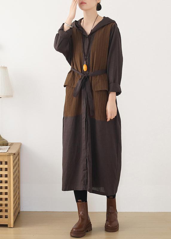 Beautiful hooded Plus Size striped trench coat chocolate cotton women coats - Omychic