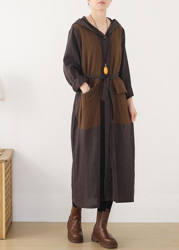 Beautiful hooded Plus Size striped trench coat chocolate cotton women coats - Omychic