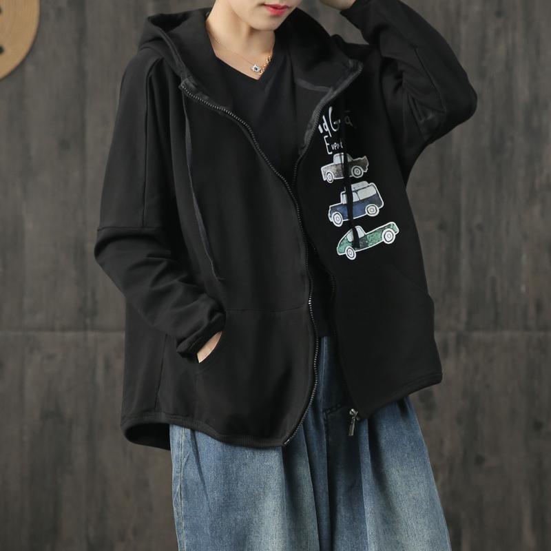 Beautiful hooded cotton Long Shirts Work Outfits black alphabet top coats fall - Omychic