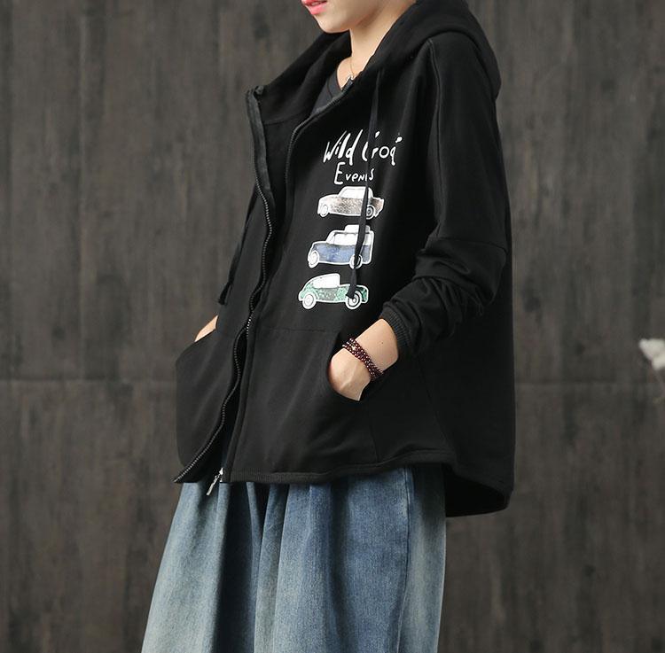 Beautiful hooded cotton Long Shirts Work Outfits black alphabet top coats fall - Omychic