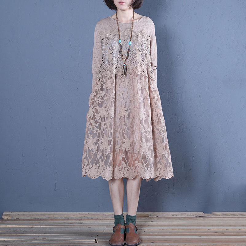 Beautiful khaki linen clothes lace patchwork Vestidos De Lino summer Dress - Omychic