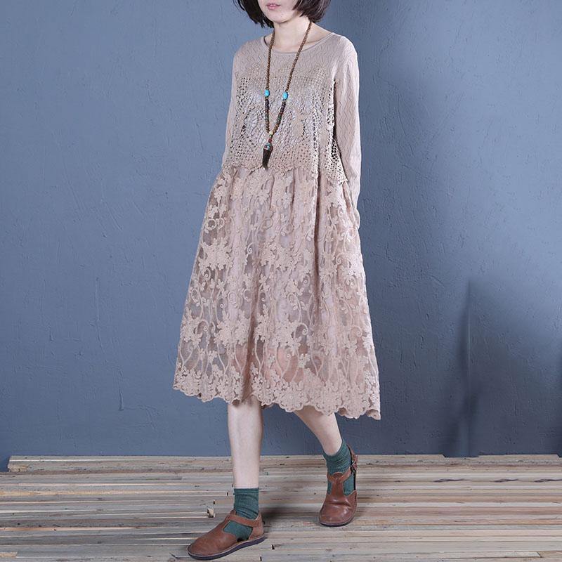 Beautiful khaki linen clothes lace patchwork Vestidos De Lino summer Dress - Omychic