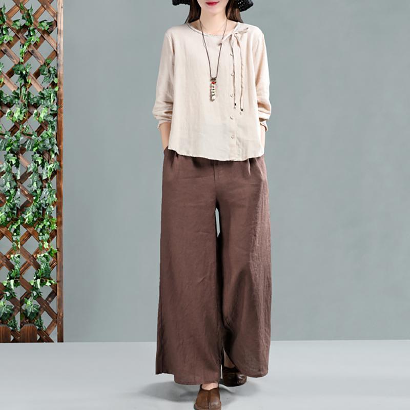 Beautiful khaki linen cotton clothes For Women Organic Women Long Sleeve Lace-Up Blouse - Omychic