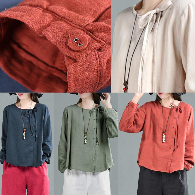 Beautiful khaki linen cotton clothes For Women Organic Women Long Sleeve Lace-Up Blouse - Omychic