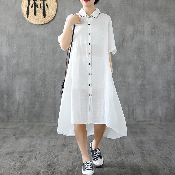 Beautiful lapel Button Down linen dresses Shape white Dresses - Omychic