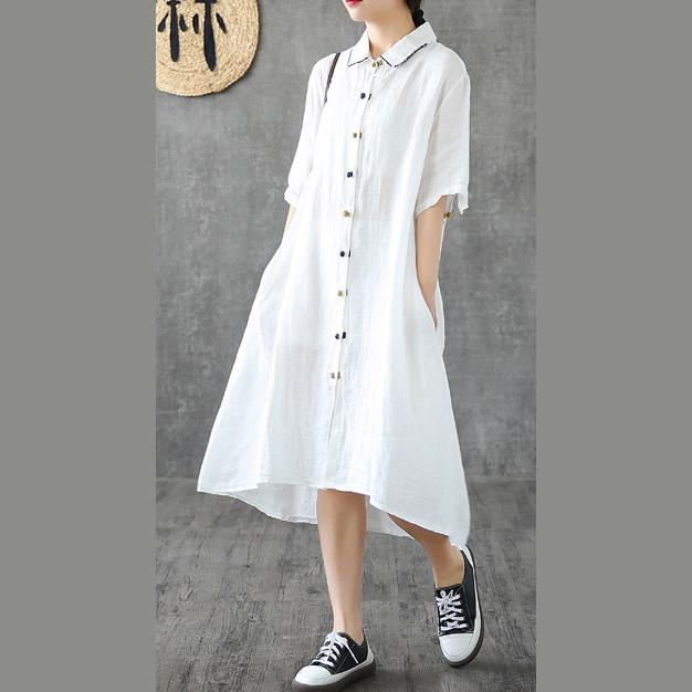 Beautiful lapel Button Down linen dresses Shape white Dresses - Omychic