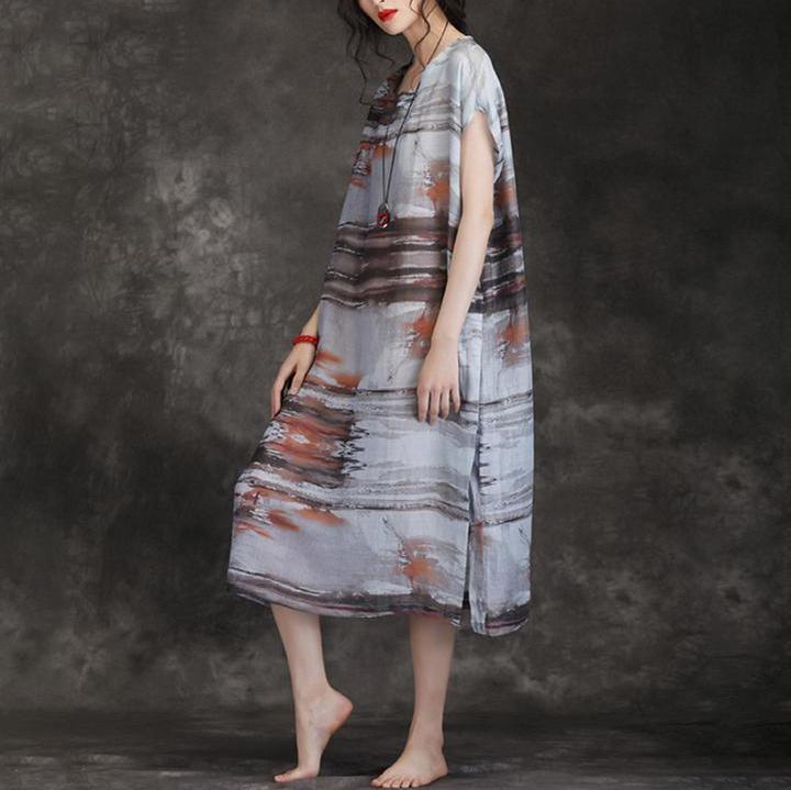 Beautiful linen Wardrobes Casual Ink And Wash Print Elegant Ramie Dress - Omychic