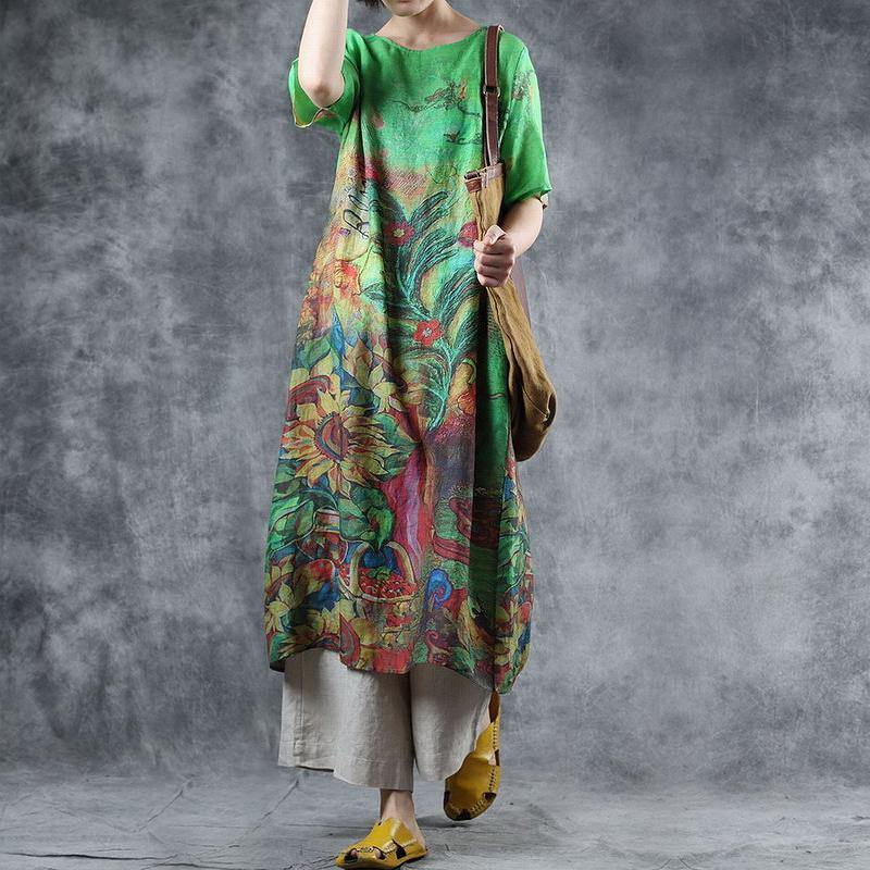 Beautiful linen clothes For Women Organic Printed Half Sleeve Loose Casual Dress - Omychic