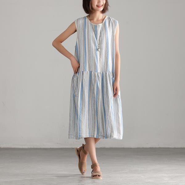 Beautiful linen cotton Robes stylish Loose Stripe Summer Sleeveless Dress - Omychic