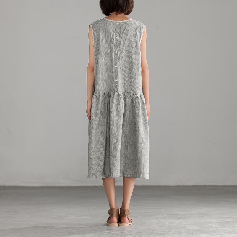 Beautiful linen cotton Robes stylish Loose Stripe Summer Sleeveless Dress - Omychic