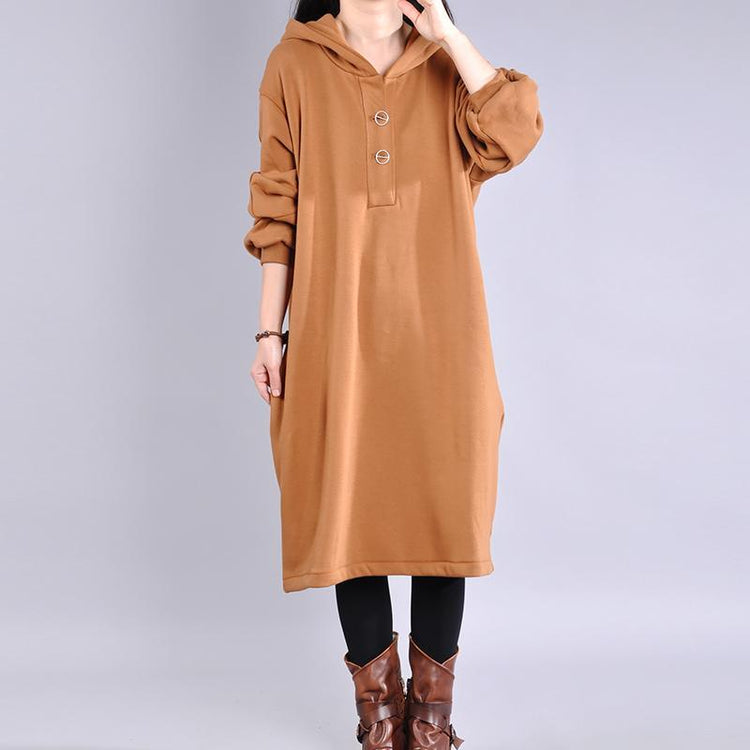 Beautiful long sleeve cotton hooded Tunics Outfits khaki long Dresses - Omychic