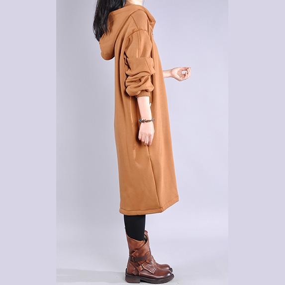 Beautiful long sleeve cotton hooded Tunics Outfits khaki long Dresses - Omychic