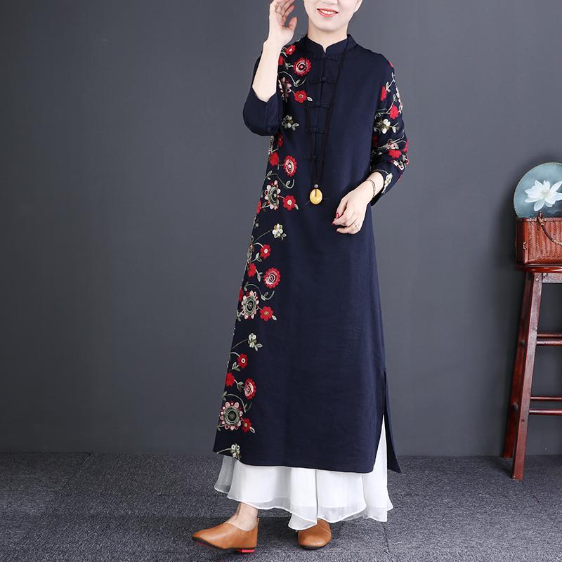 Beautiful navy linen dresses Organic Neckline stand collar embroidery long Dress - Omychic