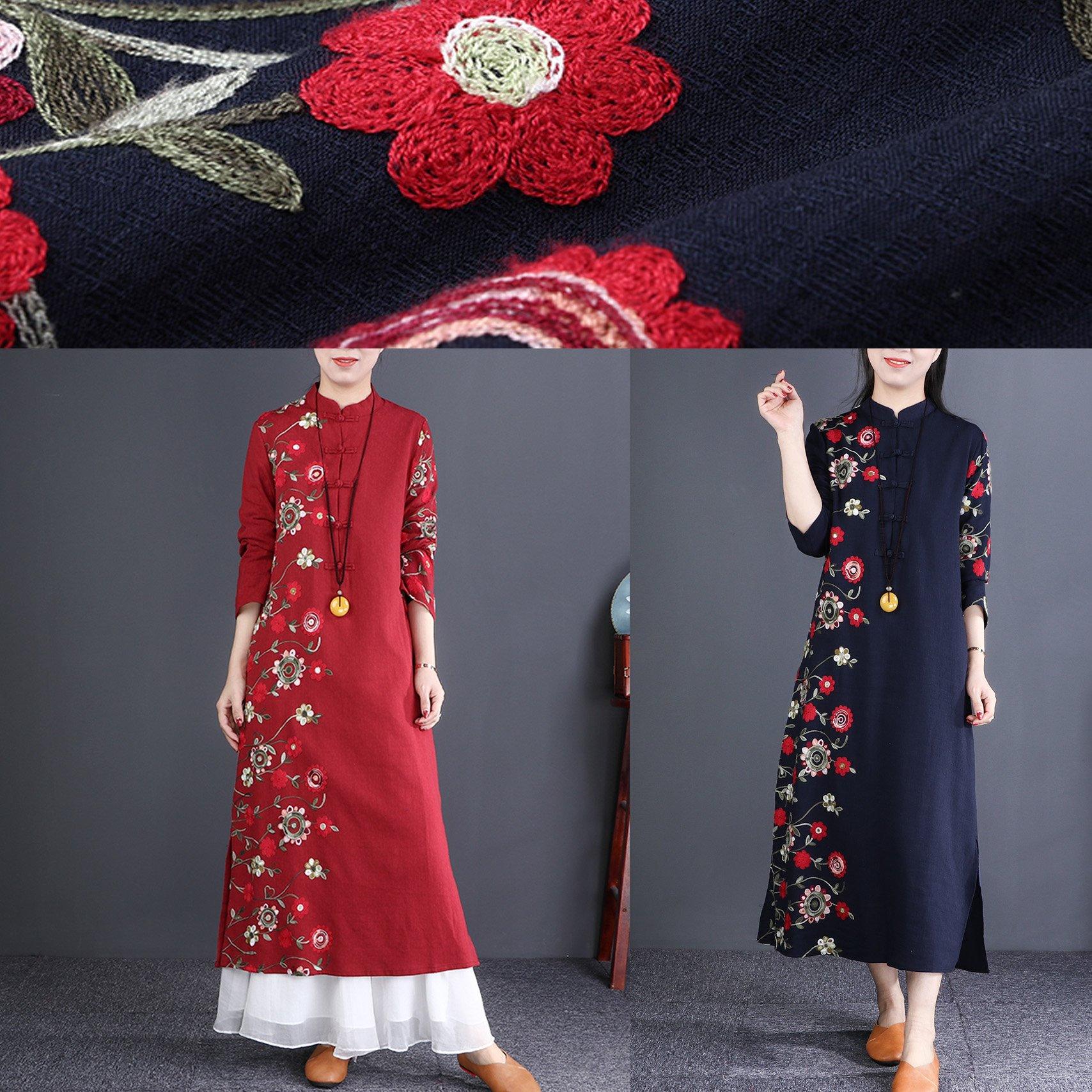 Beautiful navy linen dresses Organic Neckline stand collar embroidery long Dress - Omychic