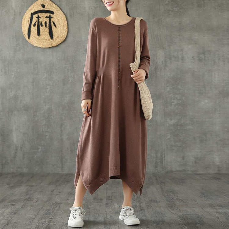 Beautiful o neck asymmetric cotton quilting dresses Tunic Tops chocolate cotton robes Dress - Omychic