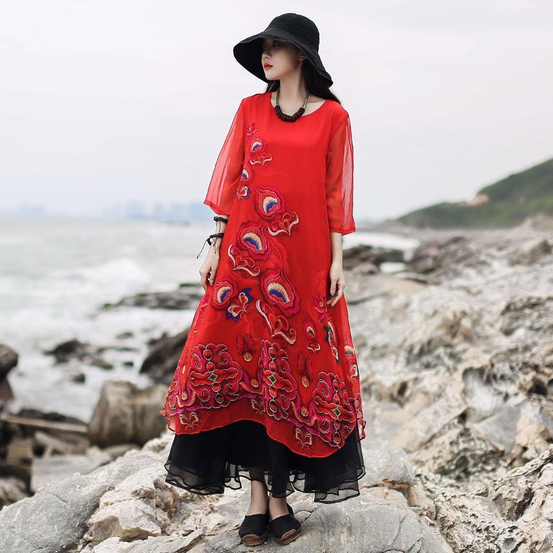 Beautiful o neck asymmetric false two pieces Plus Size red embroidery print Maxi Dresses Summer - Omychic