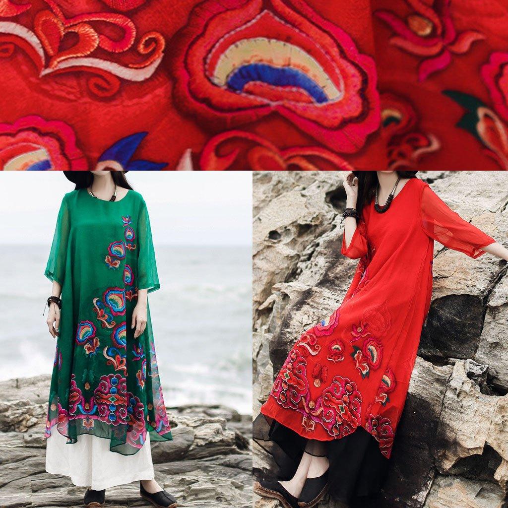 Beautiful o neck asymmetric false two pieces Plus Size red embroidery print Maxi Dresses Summer - Omychic