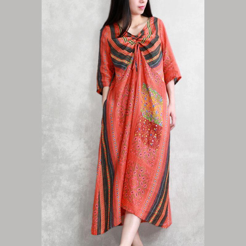 Beautiful o neck asymmetric linen Robes Fabrics red striped Dress summer - Omychic