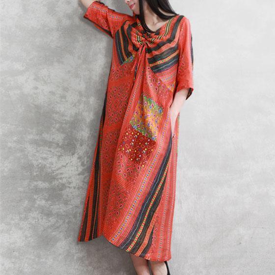 Beautiful o neck asymmetric linen Robes Fabrics red striped Dress summer - Omychic