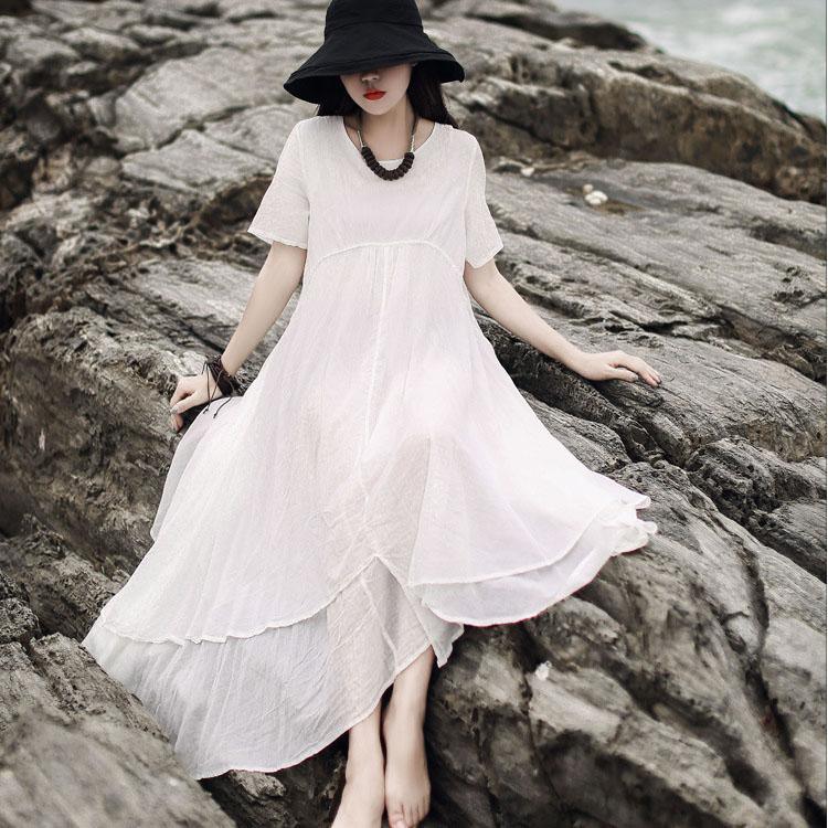Beautiful o neck asymmetric linen Soft Surroundings Runway white Dress summer - Omychic