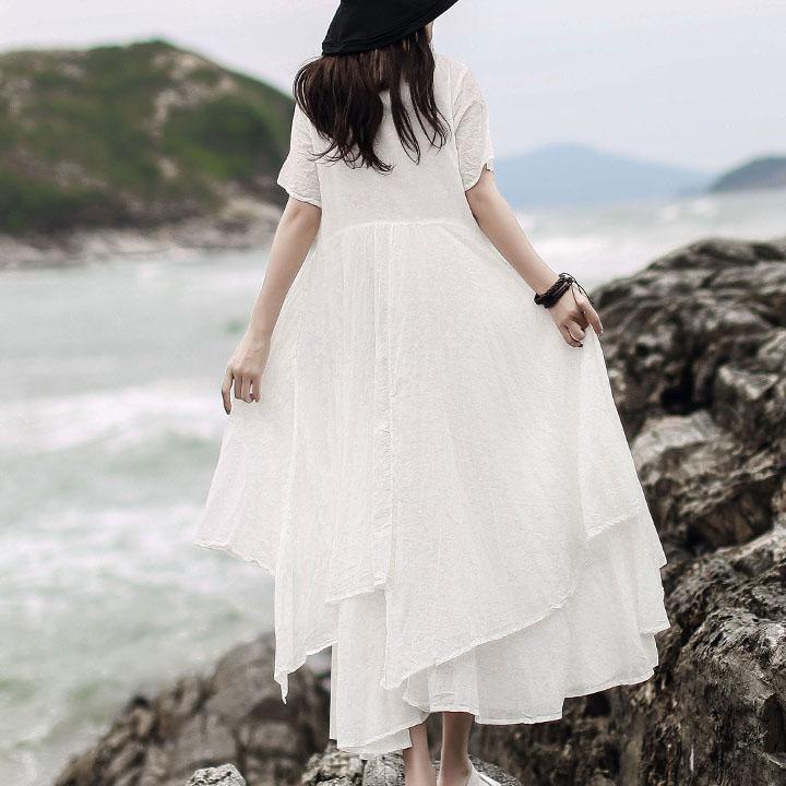 Beautiful o neck asymmetric linen Soft Surroundings Runway white Dress summer - Omychic