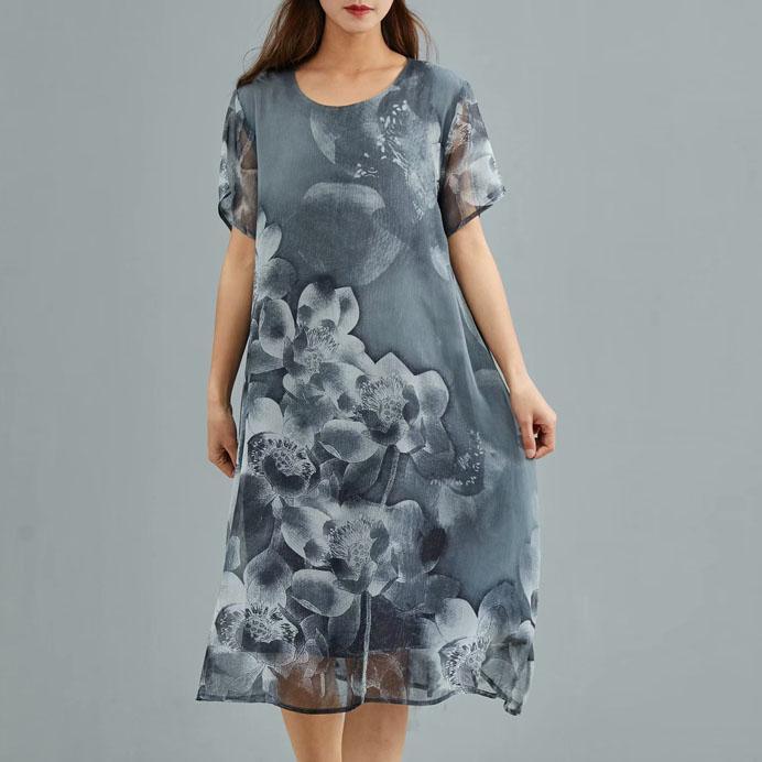 Beautiful o neck clothes For Women Sewing dark gray print Dress summer - Omychic