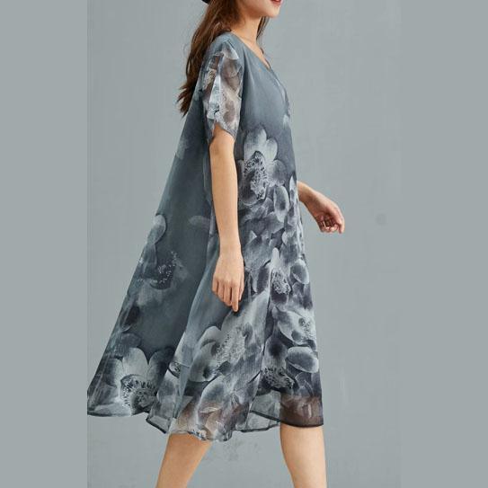 Beautiful o neck clothes For Women Sewing dark gray print Dress summer - Omychic