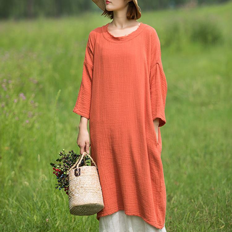 Beautiful o neck cotton clothes Women Work Outfits orange red Robe Dresses summer - Omychic