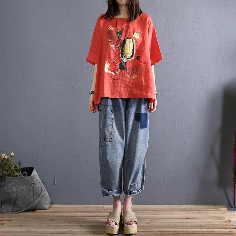Beautiful o neck half sleeve linen clothes Shirts red print summer - Omychic