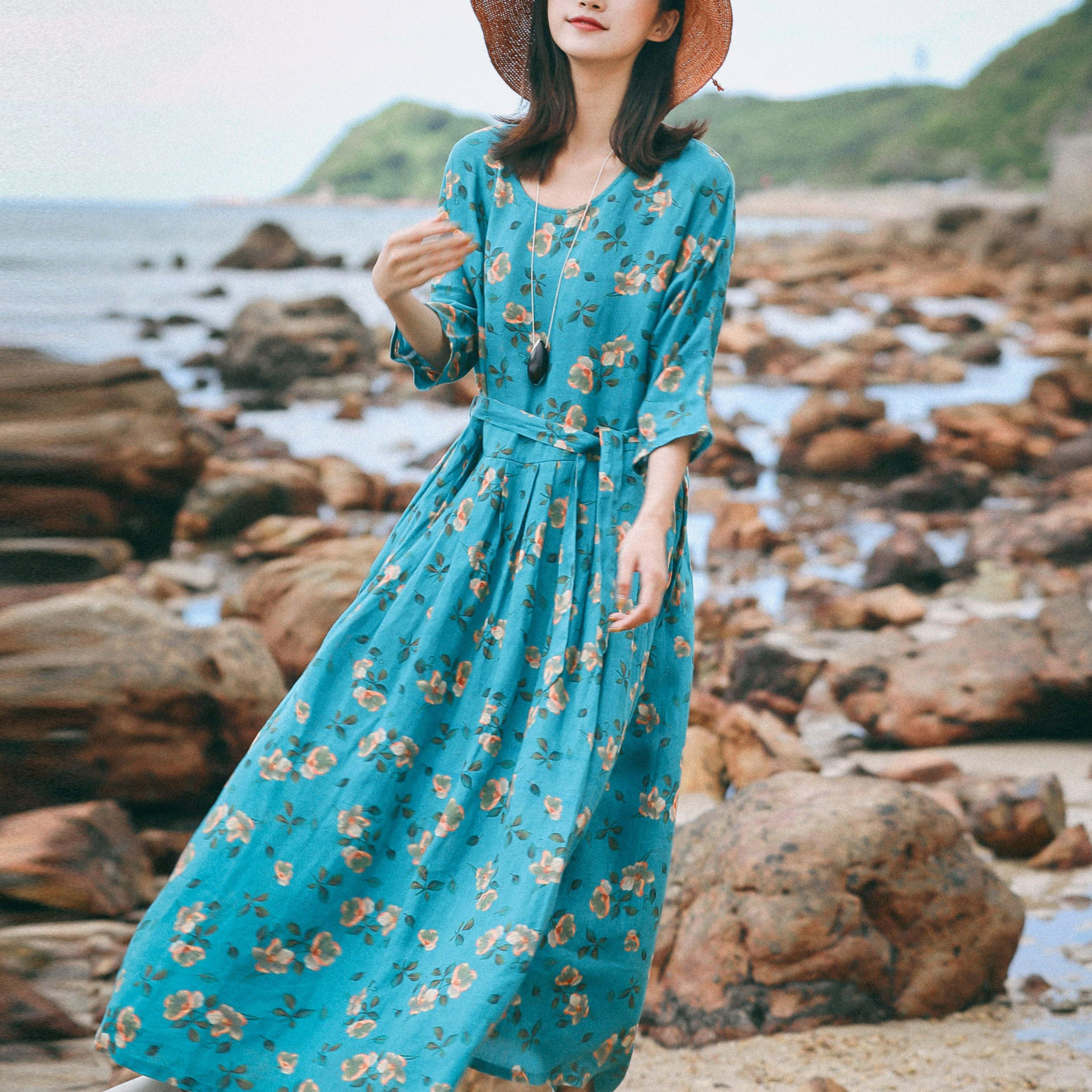 Beautiful o neck large hem linen dress Fashion Sleeve blue print Art Dress summer - Omychic