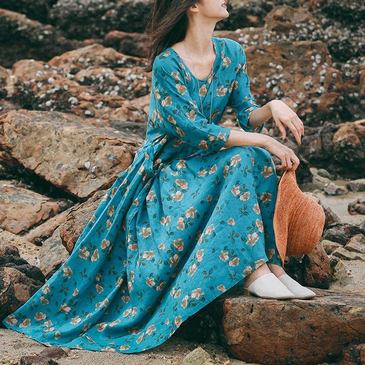Beautiful o neck large hem linen dress Fashion Sleeve blue print Art Dress summer - Omychic