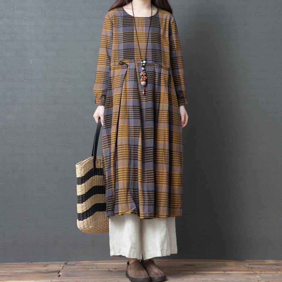 Beautiful o neck linen Wardrobes Casual Online Shopping gray plaid linen robes Dress - Omychic