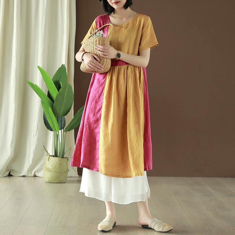 Beautiful o neck patchwork linen clothes Runway yellow Dresses summer - Omychic