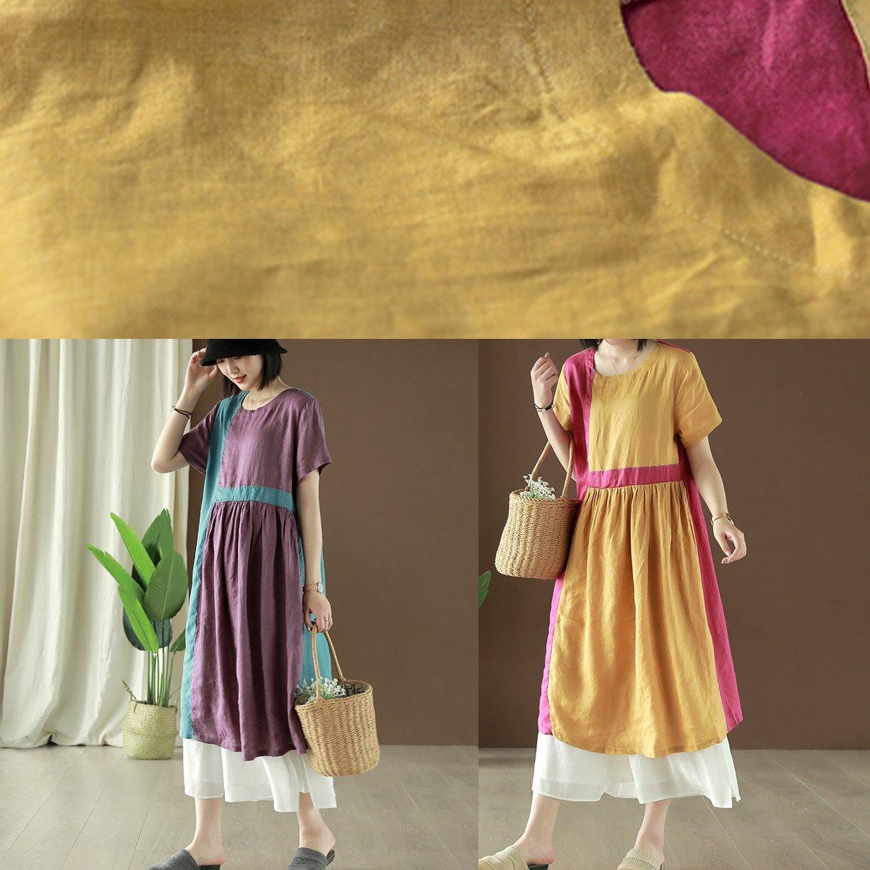 Beautiful o neck patchwork linen clothes Runway yellow Dresses summer - Omychic