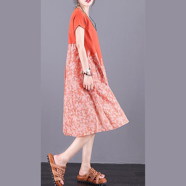 Beautiful orange print Cotton dress o neck pockets patchwork A Line summer Dress - Omychic