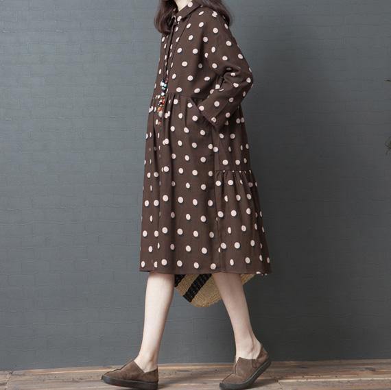 Beautiful patchwork Cotton tunic dress Stitches design khaki dotted Art Dresses shirt dress - Omychic