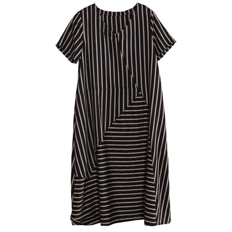 Beautiful patchwork cotton clothes Women Shape black striped Traveling Dress summer - Omychic