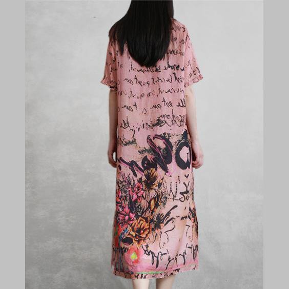 Beautiful pink print linen clothes For Women o neck Ruffles summer Dresses - Omychic