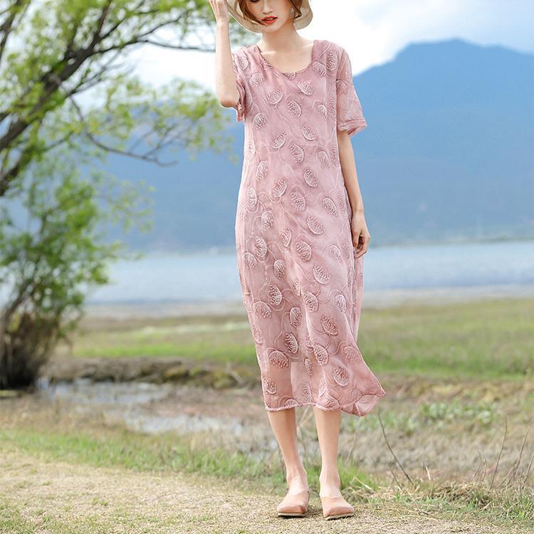Beautiful pink silk Robes Korea Shape o neck embroidery loose Summer Dresses - Omychic