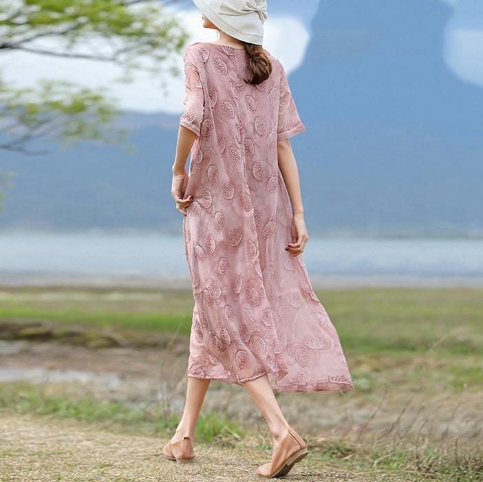 Beautiful pink silk Robes Korea Shape o neck embroidery loose Summer Dresses - Omychic