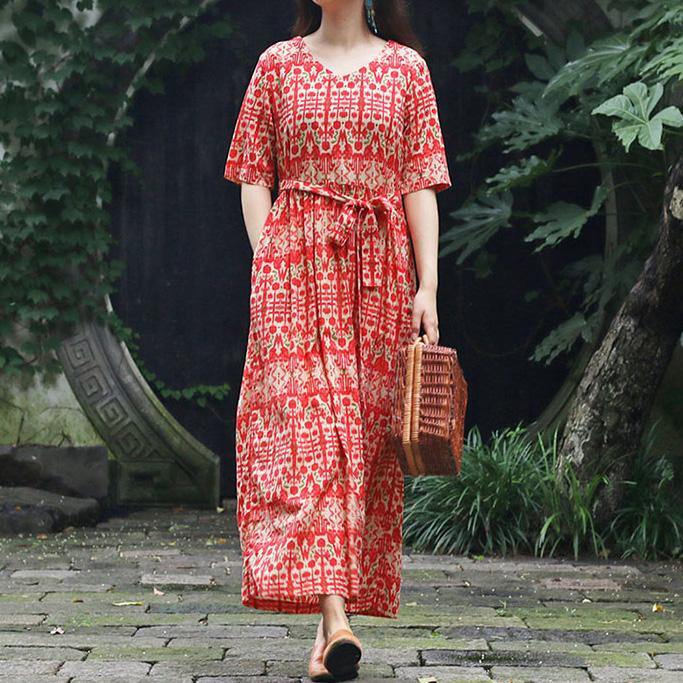 Beautiful red print cotton Long Shirts Omychic Sleeve v neck tie waist cotton Summer Dresses - Omychic
