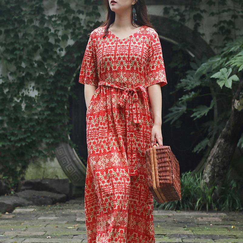 Beautiful red print cotton Long Shirts Omychic Sleeve v neck tie waist cotton Summer Dresses - Omychic