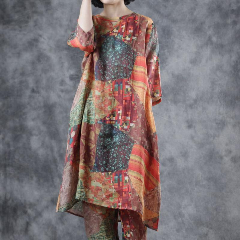 Beautiful red print linen clothes o neck half sleeve oversized summer Dresses - Omychic