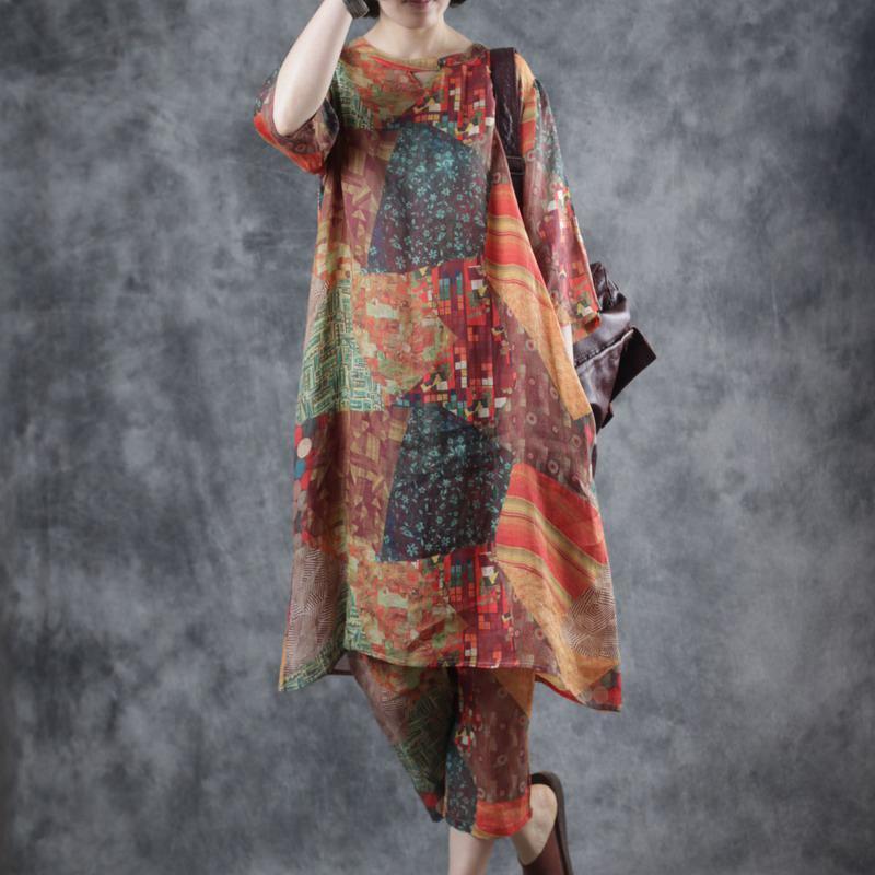 Beautiful red print linen clothes o neck half sleeve oversized summer Dresses - Omychic
