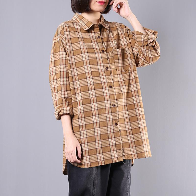 Beautiful side open cotton Long Shirts Outfits yellow plaid tops fall - Omychic