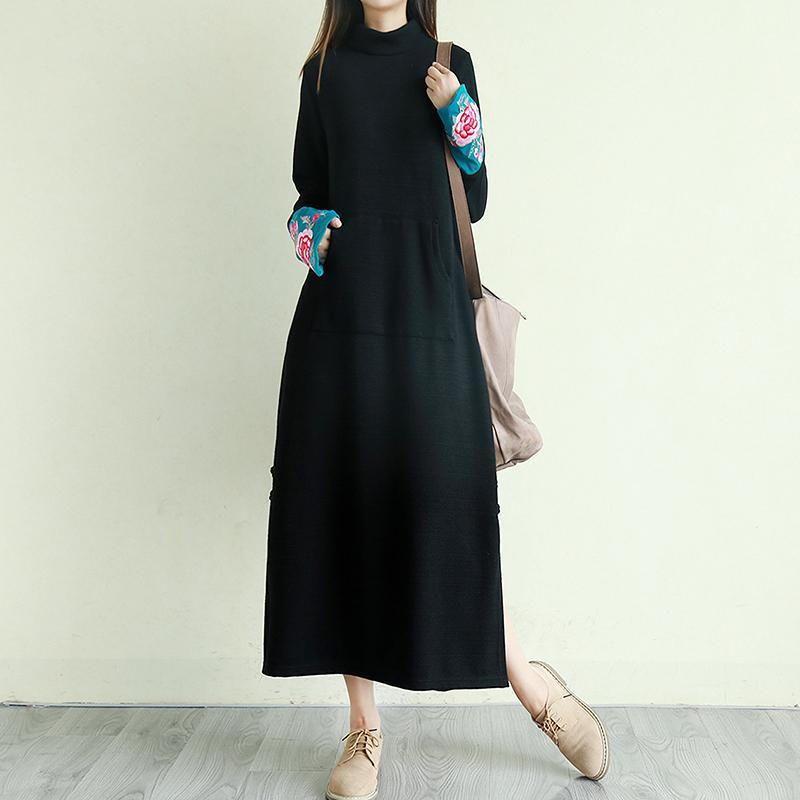 Beautiful side open cotton embroidery sleeve tunic pattern Shape black high neck Dresses - Omychic