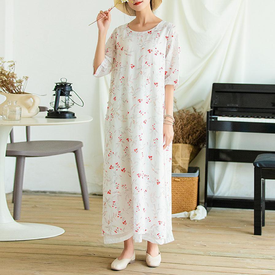 Beautiful side open linen Robes Shirts white prints Dresses summer - Omychic