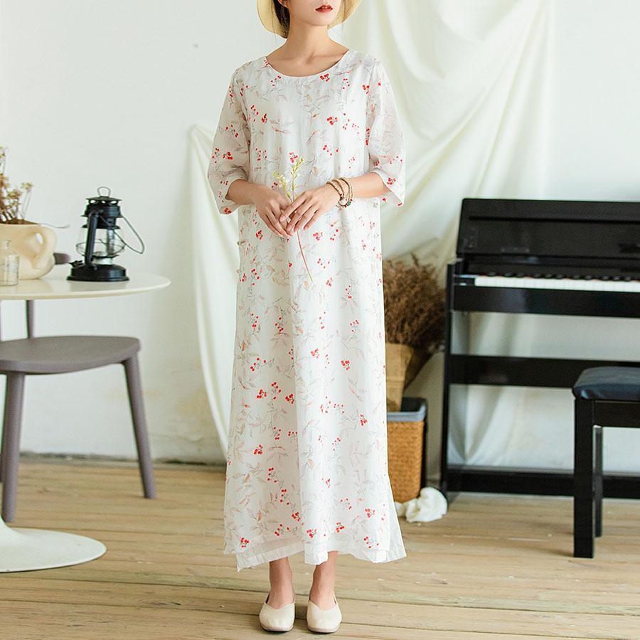 Beautiful side open linen Robes Shirts white prints Dresses summer - Omychic
