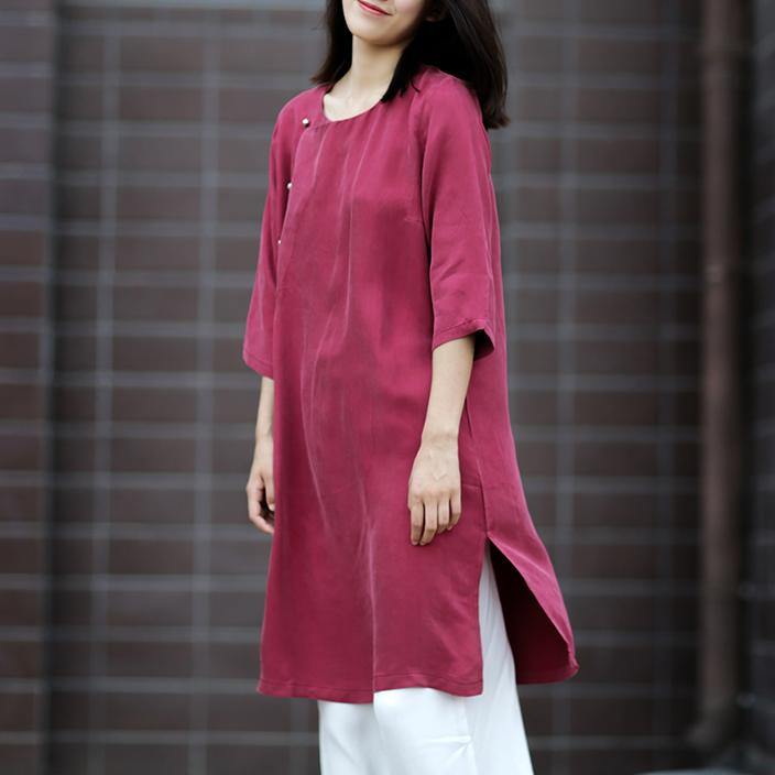 Beautiful side open linen quilting dresses Sewing burgundy Dress summer - Omychic