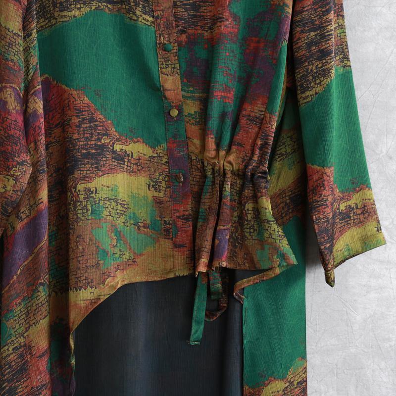 Beautiful silk plus size low high design  green print tops and casual wide leg pants two pieces - Omychic